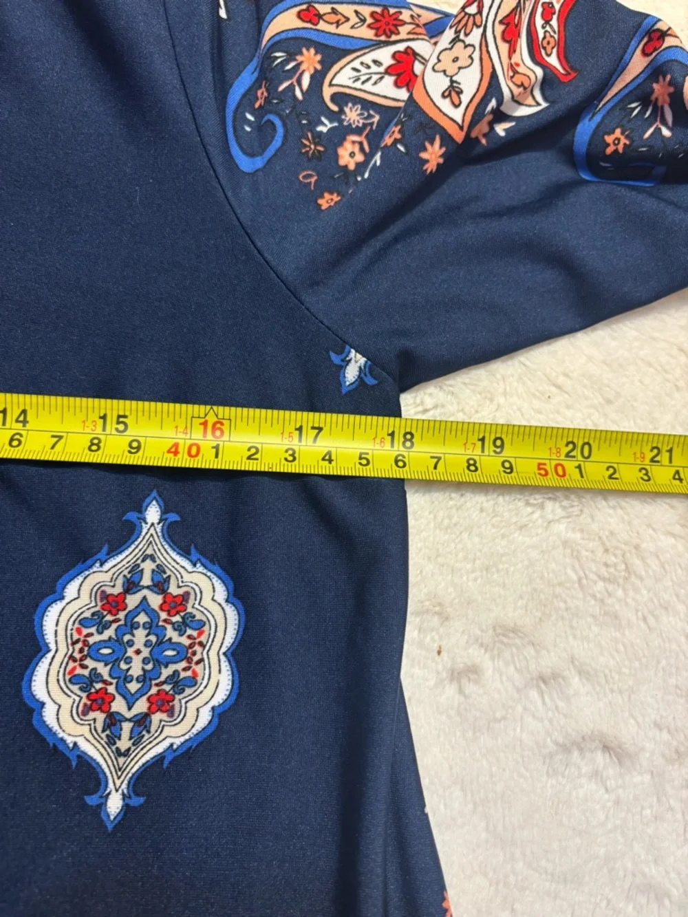 New Directions Dress Small Petite Navy Blue Paisley Floral Orange Red Mini Boho